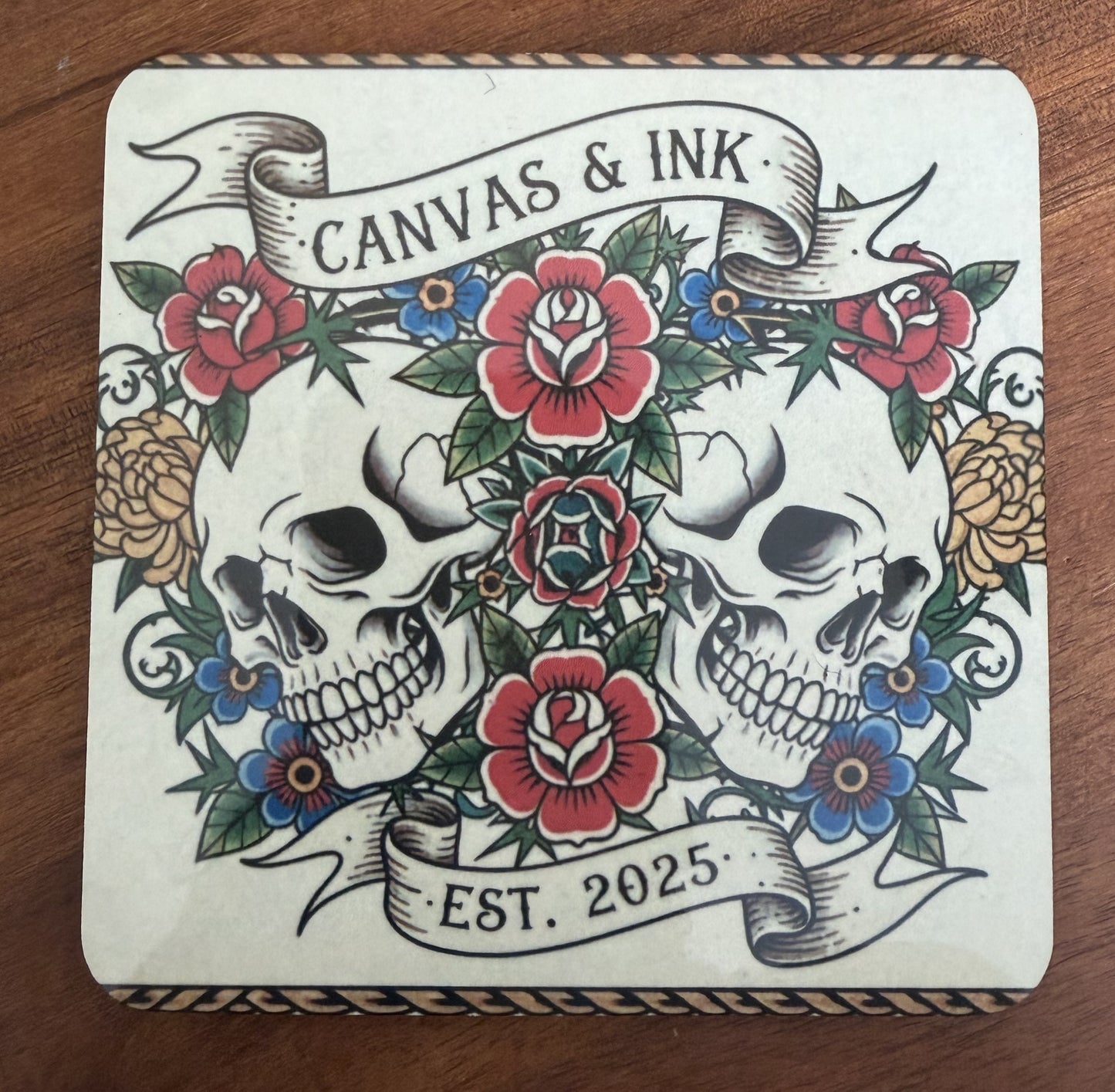 Cork Back Coaster - Skulls and Roses