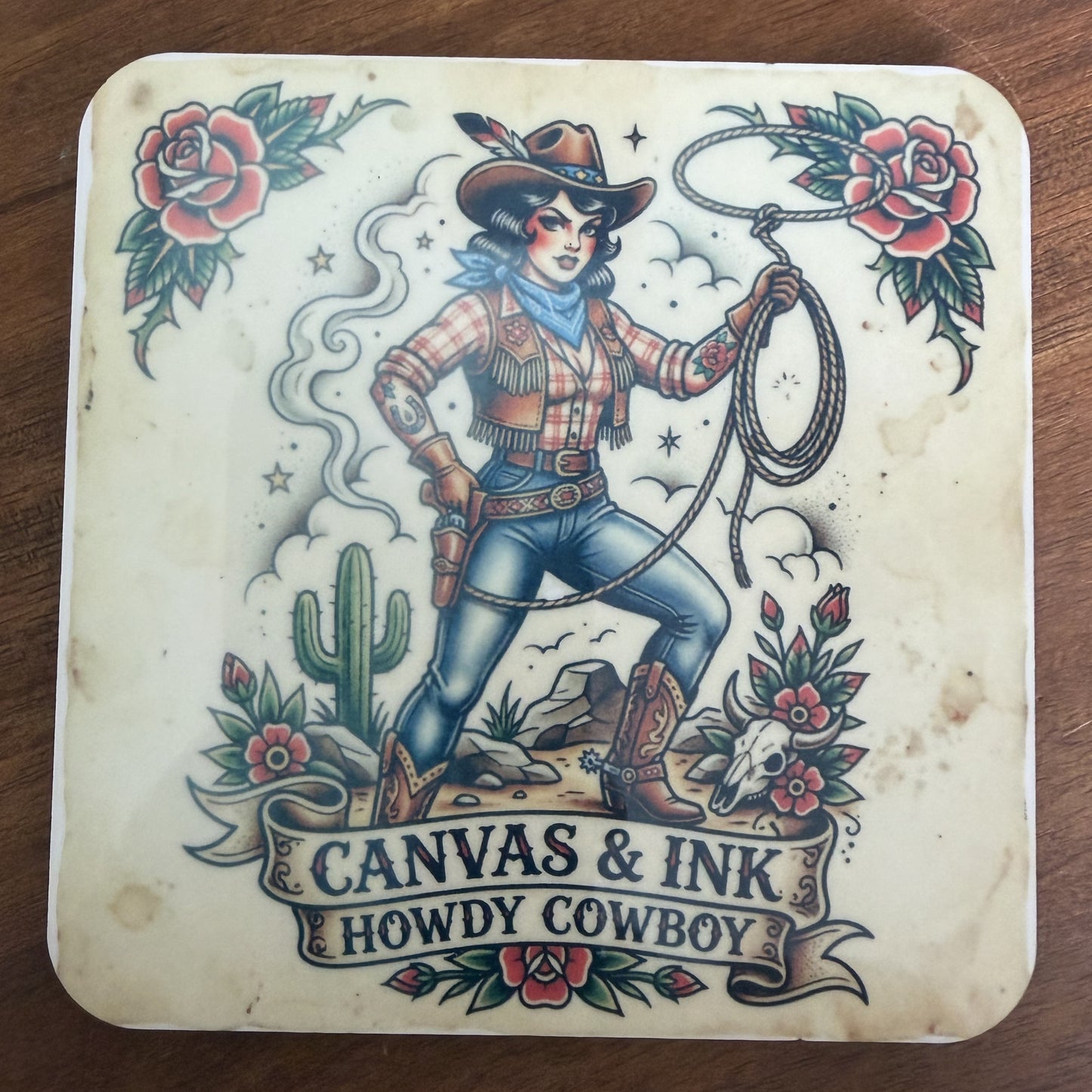 Cork Back Coaster - Distressed Howdy Cowboy